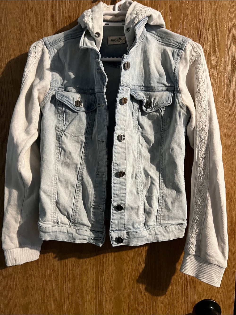 Light Blue Denim Jacket with White Hoodie Sleeves - Women